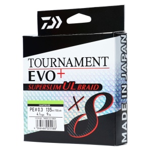 Daiwa splétaná šňůra tournament x8 evo+ super slim ul braid chartreuse 135 m - 0