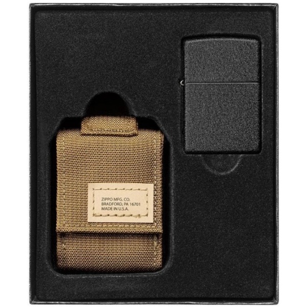 Zippo sada taktické pouzdro hnědé + zippo zapalovač 26075 black crackle